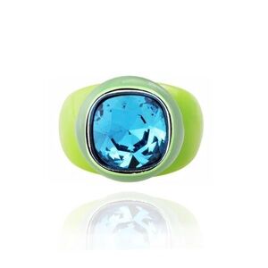 NWT Mounser Oasis Neon Green Resin Ring with Blue Cushion Crystal